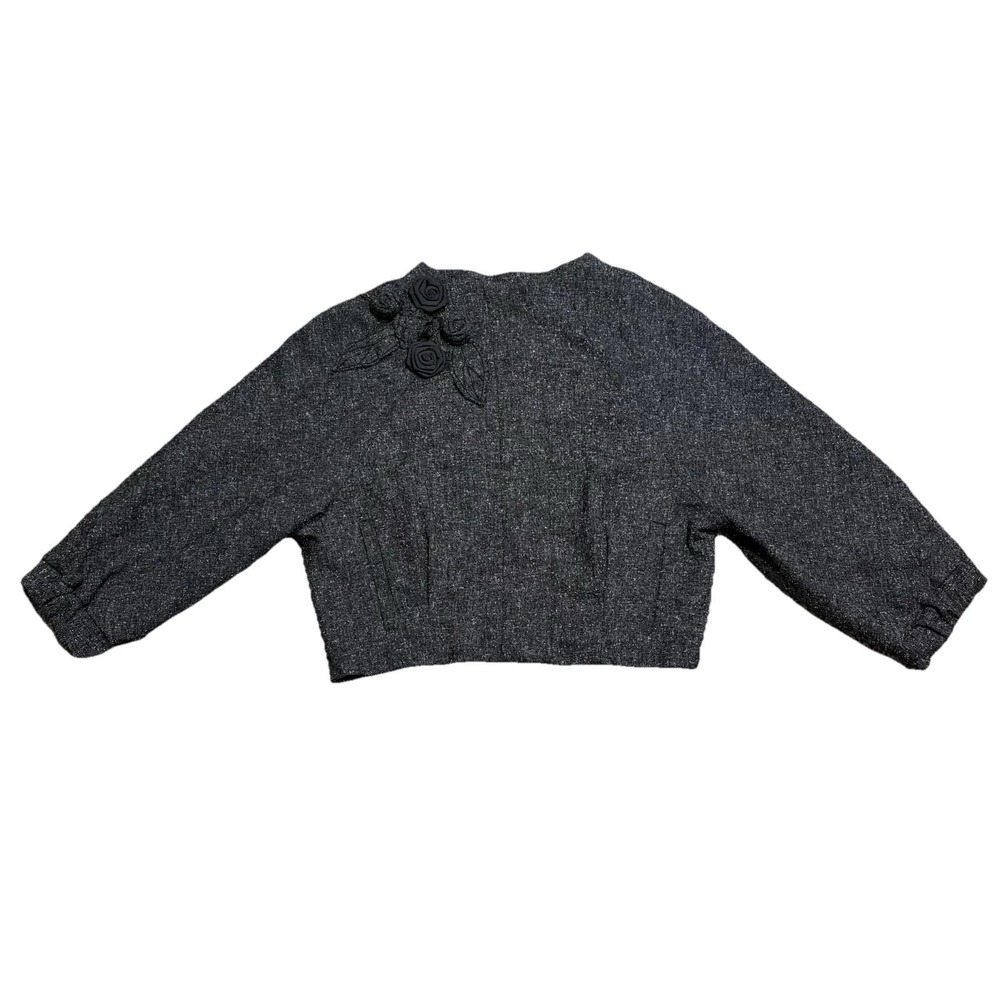 ELLE Cropped Gray Textured Jacket Women S Floral Applique Career Formal